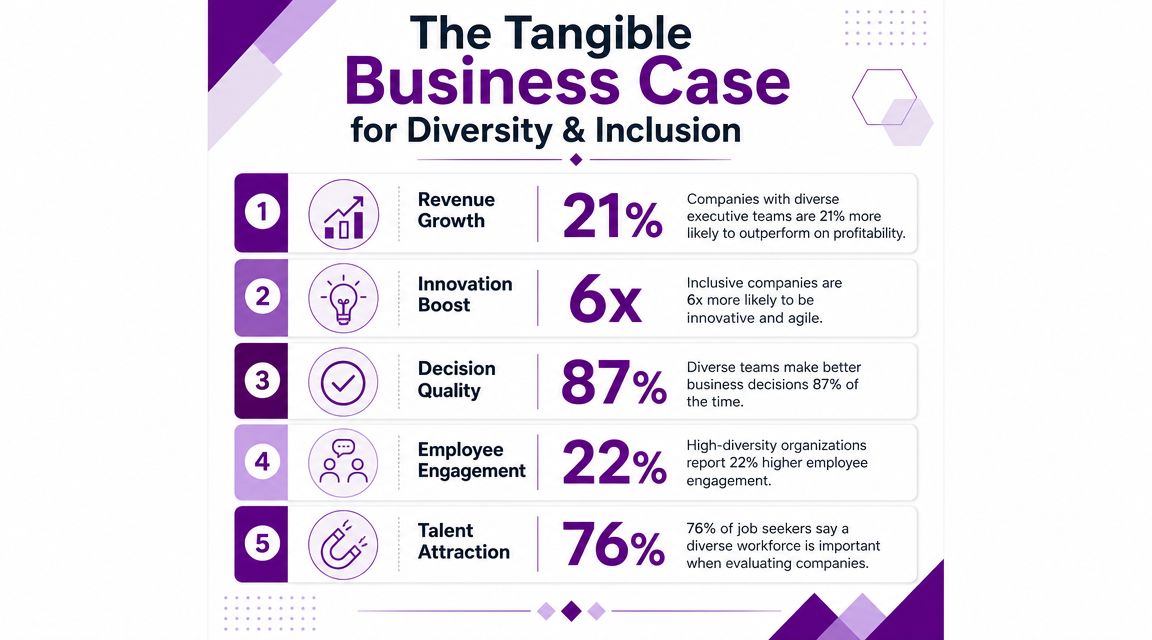 An infographic titled The Tangible Business Case for Diversity and Inclusion listing five benefits of workplace diversity.