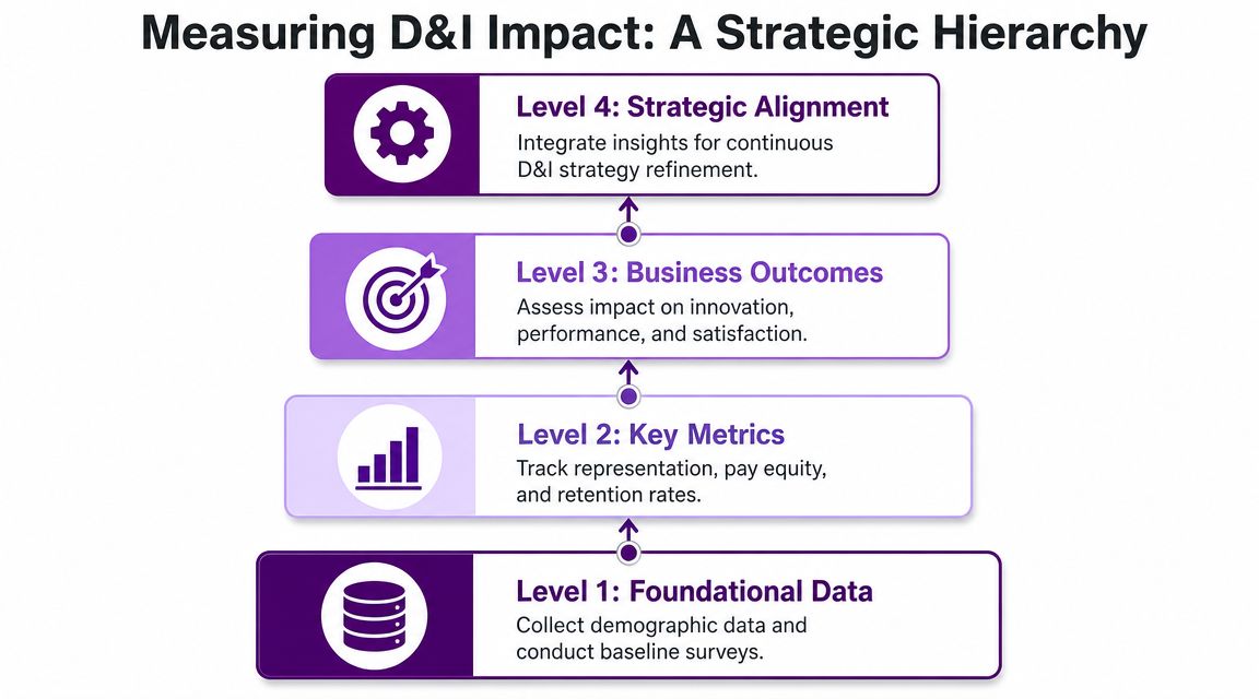 A four-level hierarchy chart illustrating a strategic framework for measuring organizational diversity and inclusion impact.