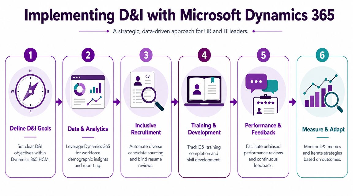 A six-step strategic infographic for implementing diversity and inclusion initiatives using Microsoft Dynamics 365 software solutions.