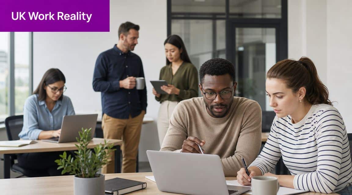 A diverse group of professional colleagues working together in a bright, modern office workspace setting.
