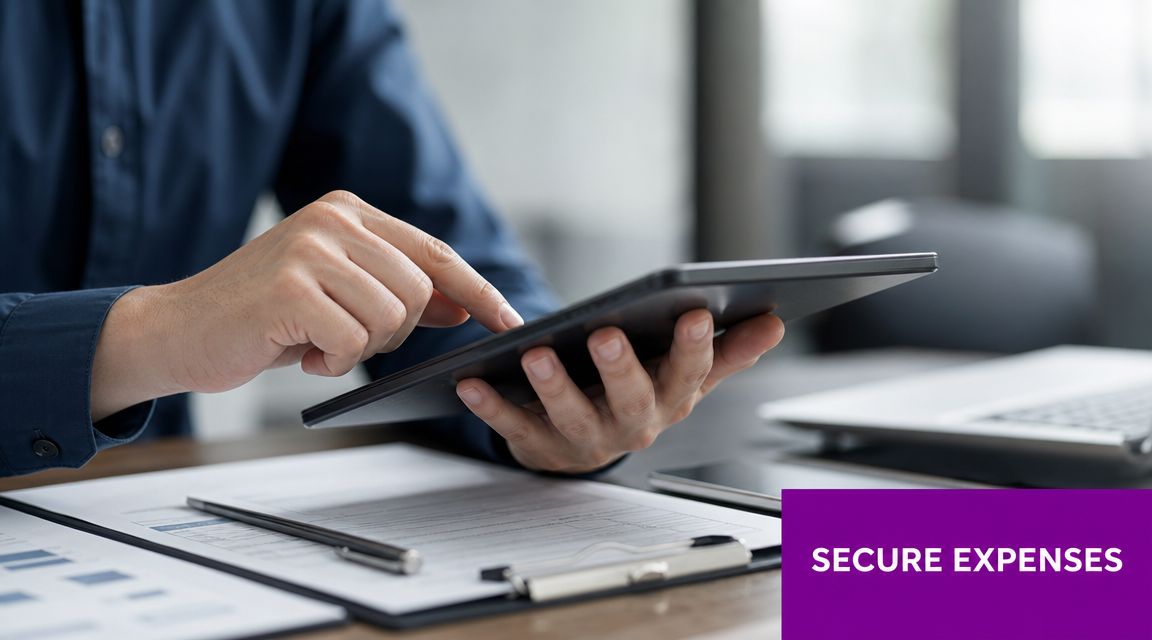 A professional using a digital tablet at an office desk to manage business expense documents.