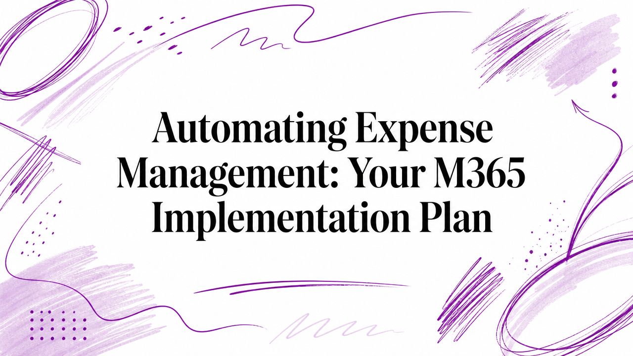 Banner with bold serif text: 'Automating Expense Management: Your M365 Implementation Plan' on a white background with purple abstract brush strokes around the edges