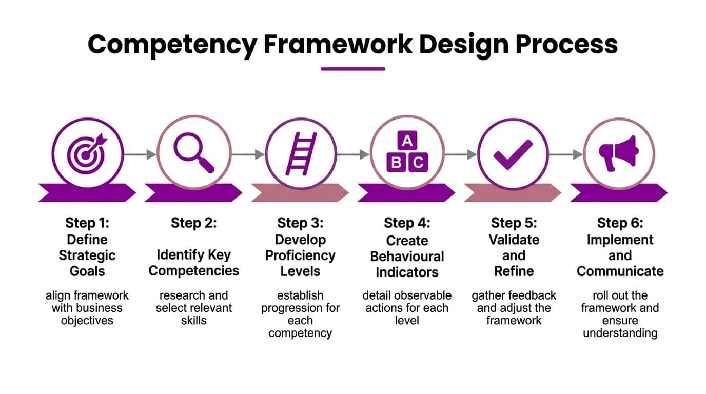 A six-step process diagram illustrating the stages for designing a professional organizational competency framework.