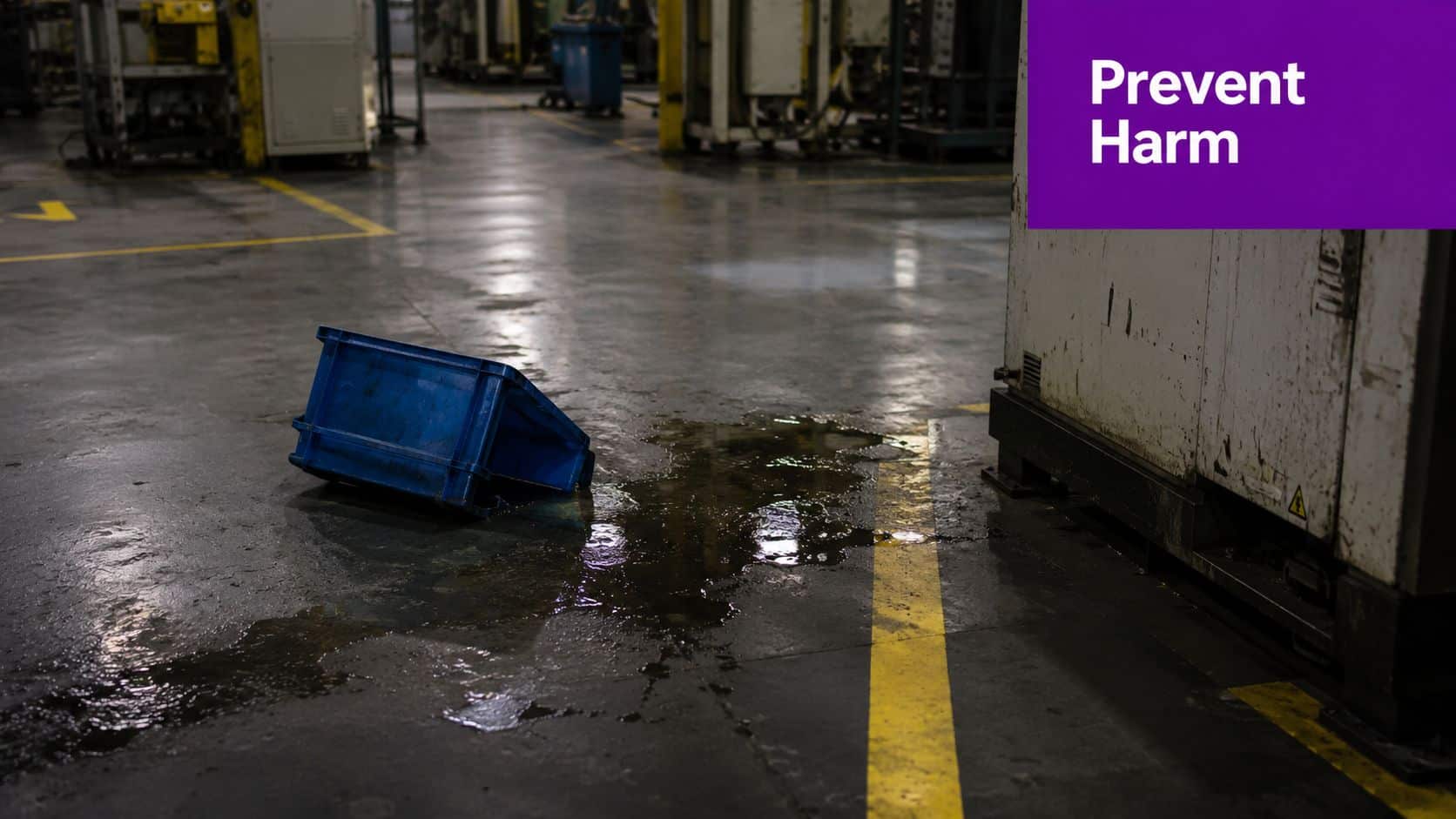 A blue plastic crate lying on a wet industrial floor next to a large machine component.