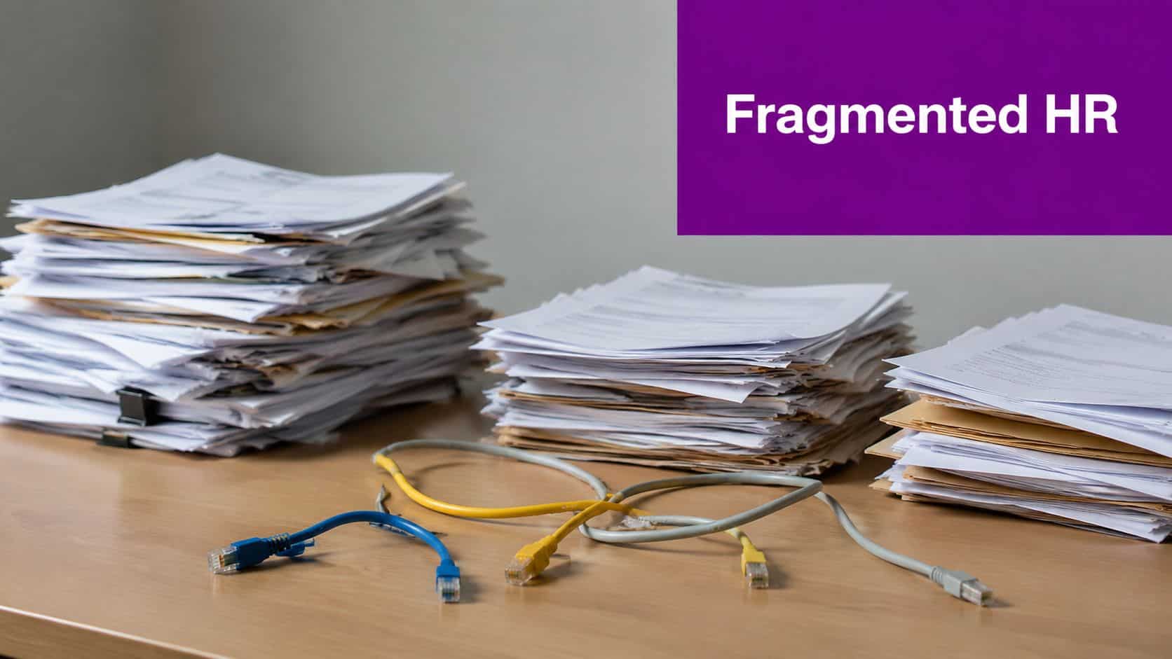 Stacks of paperwork and scattered ethernet cables on a desk illustrating the concept of fragmented HR processes.