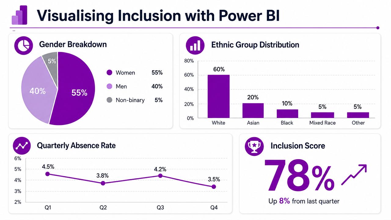 A Power BI dashboard titled Visualising Inclusion showing employee gender, ethnicity, absence rates, and inclusion scores.
