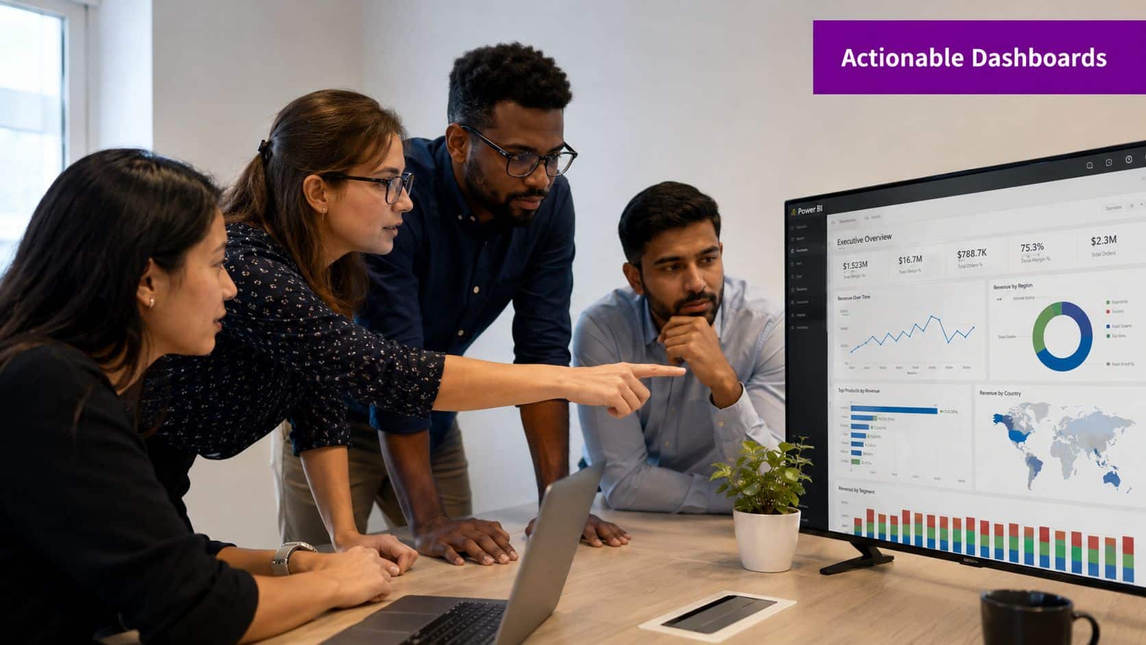 A diverse team of professionals collaborating around a computer screen displaying interactive Power BI business analytics dashboards.