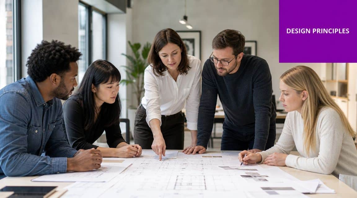 A diverse team of professionals collaborating and pointing at architectural blueprints on a large office table.