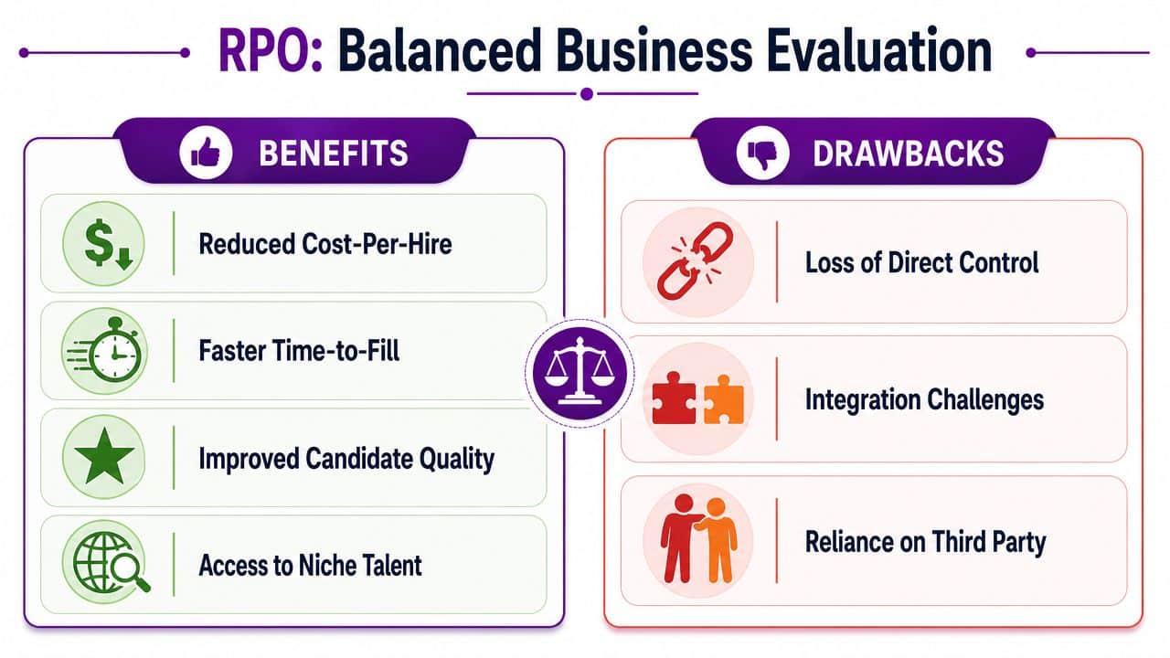 A comparison chart showing the benefits and drawbacks of Recruitment Process Outsourcing for businesses.