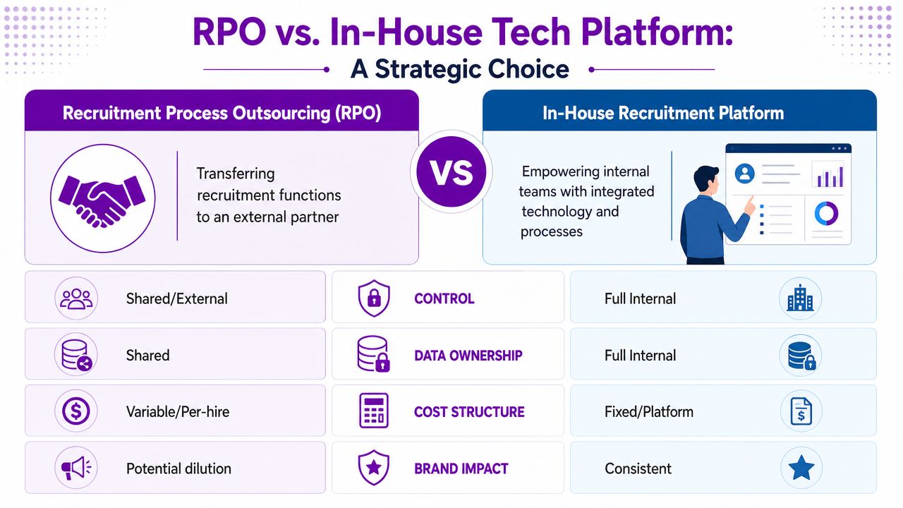 A comparison infographic between Recruitment Process Outsourcing (RPO) and an In-House Recruitment Platform covering key strategic differences.