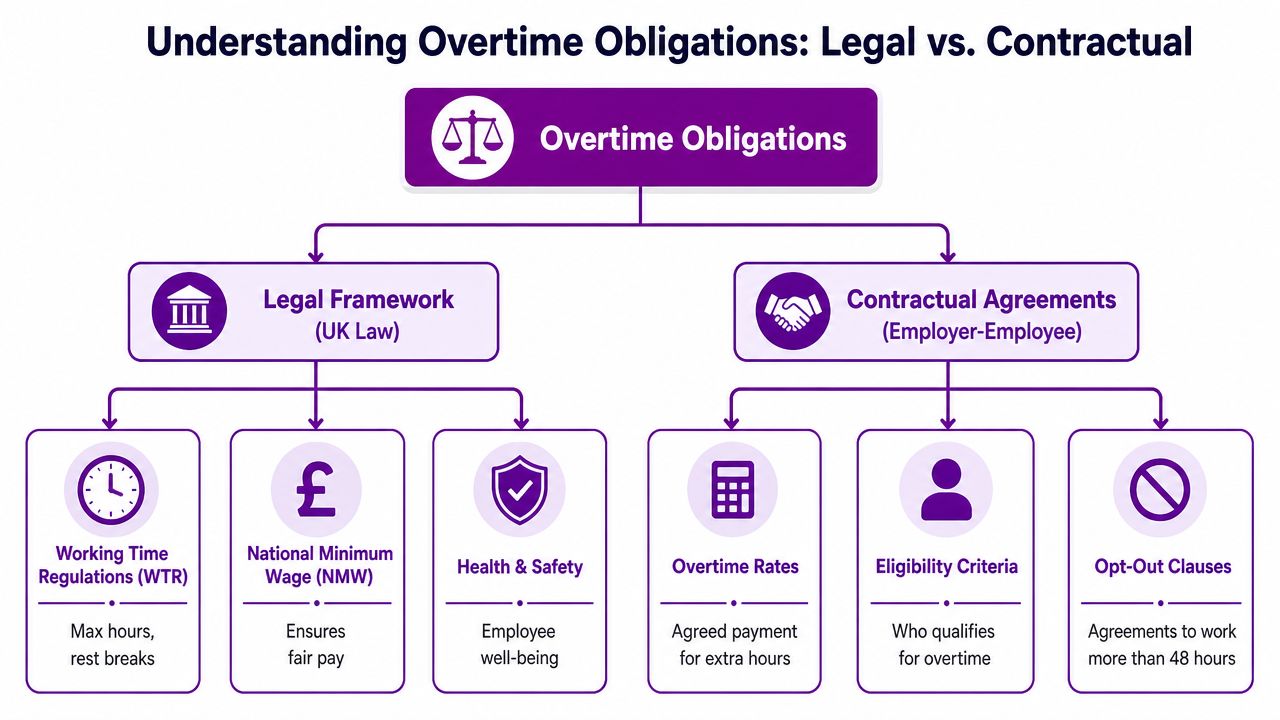 A diagram illustrating the differences between legal and contractual overtime obligations within the UK workplace.