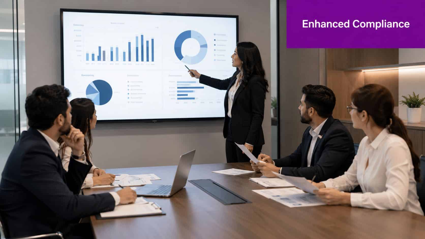A professional woman presenting data charts on a large screen to colleagues in a modern office boardroom.