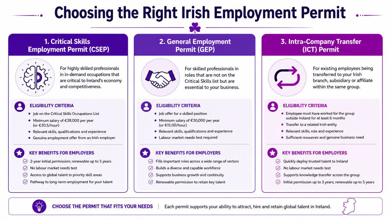 An infographic detailing the three types of Irish employment permits, including eligibility criteria and employer benefits.