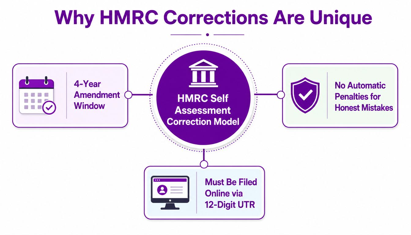 A diagram explaining three unique features of the HMRC self-assessment tax return correction model for taxpayers.