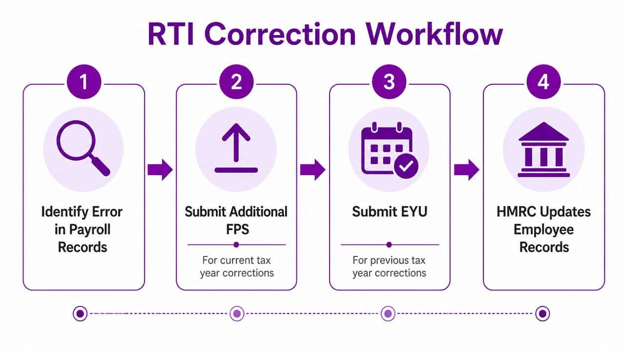 A four-step RTI correction workflow chart illustrating the process for fixing payroll errors with HMRC.