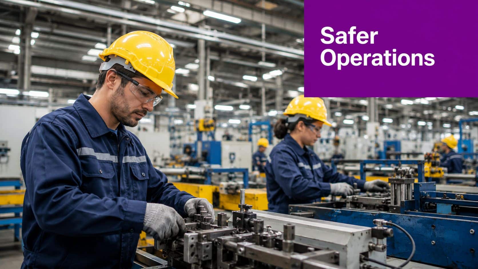 Workers in safety gear operate heavy machinery in a large, well-lit industrial factory manufacturing facility.