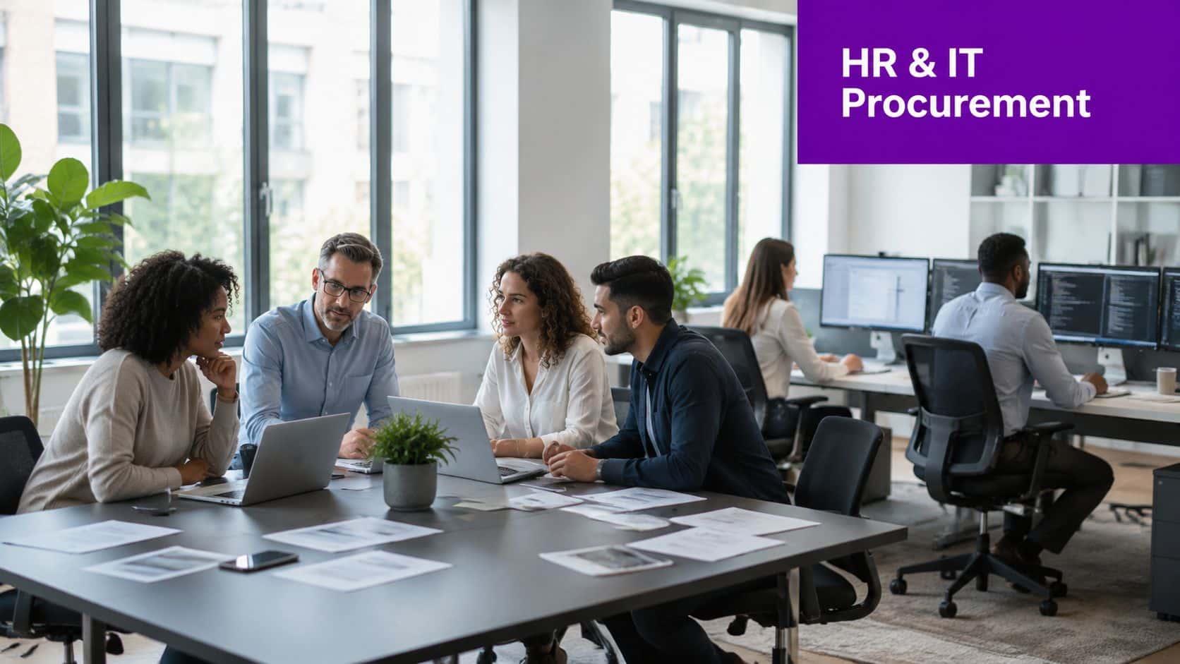 A diverse group of professionals working collaboratively around a conference table in a modern office environment.
