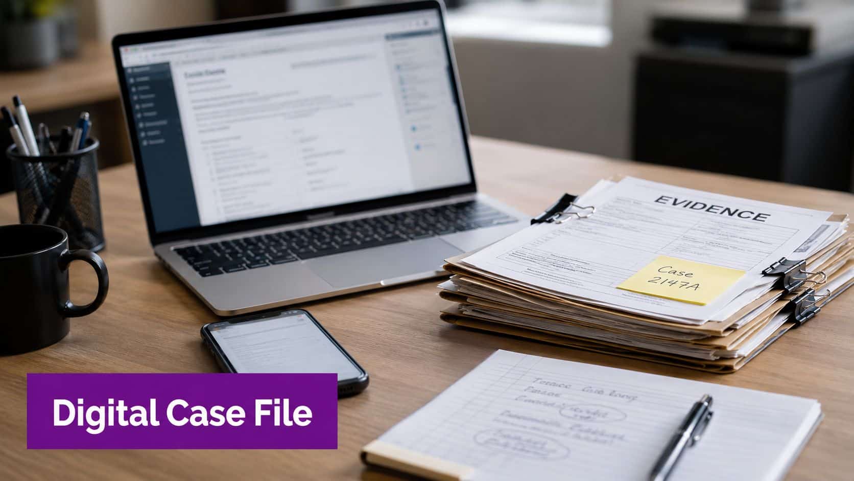 A professional desk setup featuring a laptop, a pile of evidence documents, and a smartphone for case management.
