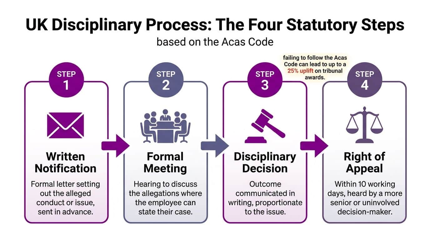 A diagram outlining the four statutory steps of the UK disciplinary process based on the Acas code.