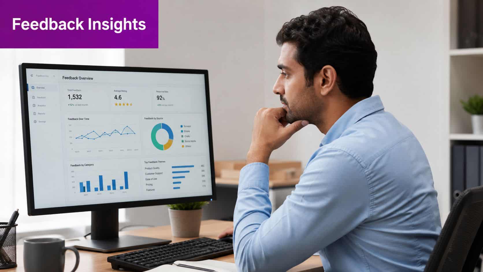 A professional analyzing customer feedback data on a computer dashboard in a modern office environment.