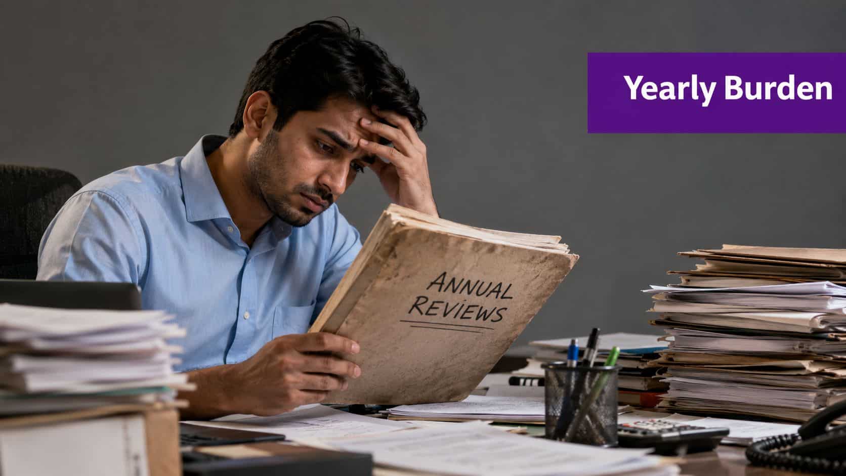A stressed man sitting at a desk overflowing with documents labeled as annual reviews.
