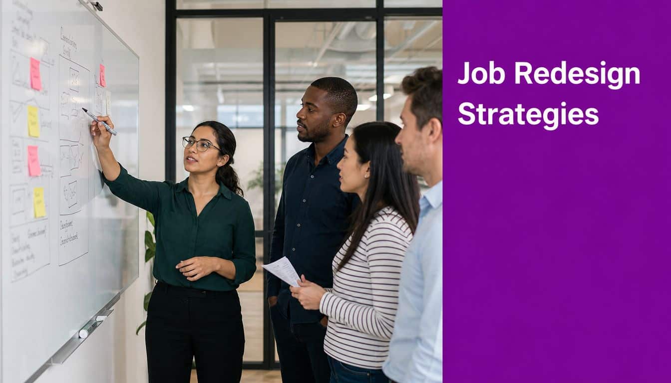 A diverse group of professionals collaborate on a job redesign strategy using a whiteboard in an office.