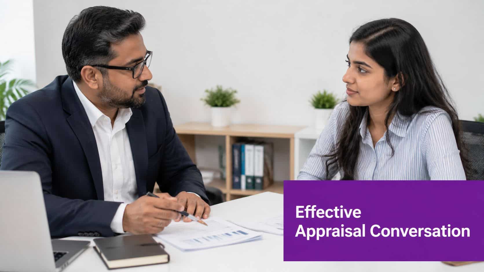 A professional manager sitting at a desk discussing an employee performance appraisal with a female colleague.