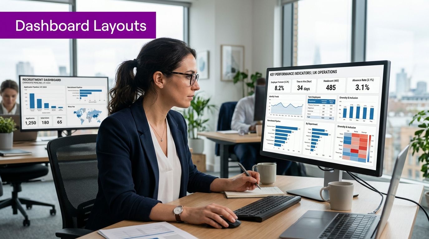 A professional woman working at her desk while analyzing HR KPI dashboards on multiple computer monitors.