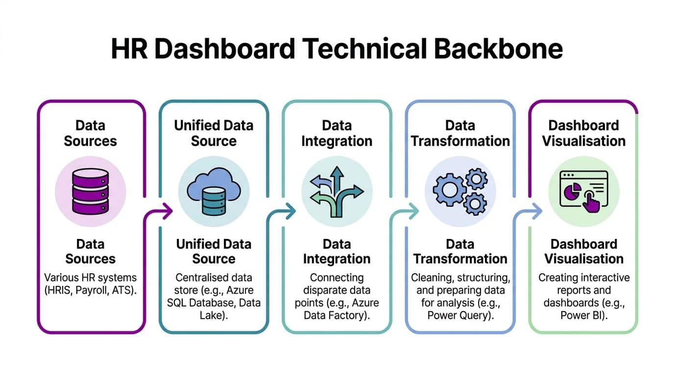 A process diagram showing the five technical stages for building an HR dashboard from data source to visualization.