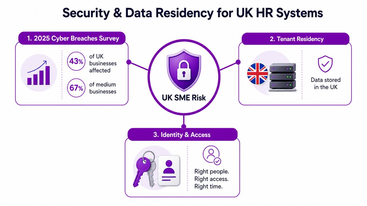 A diagram outlining security and data residency considerations for UK HR systems, including cyber threats and compliance.