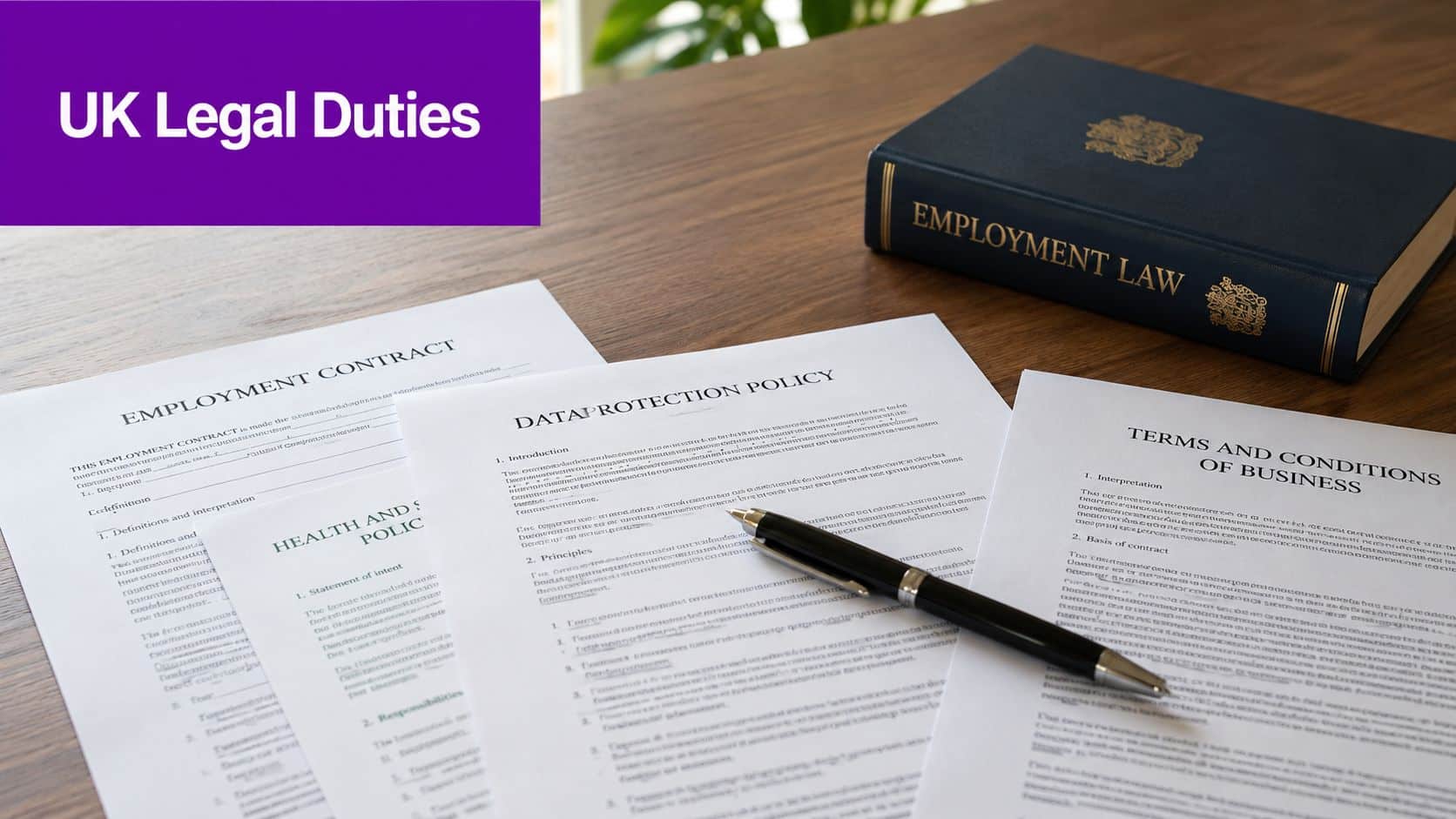 A close-up of legal documents, including an employment contract and data protection policy, on a wooden desk.
