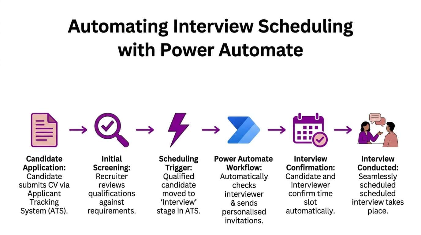 A flowchart showing the automated interview scheduling process using Power Automate from application to interview.