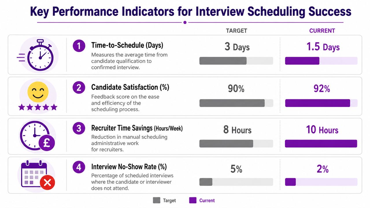 A performance chart displaying key metrics for interview scheduling including time, satisfaction, savings, and no-show rates.