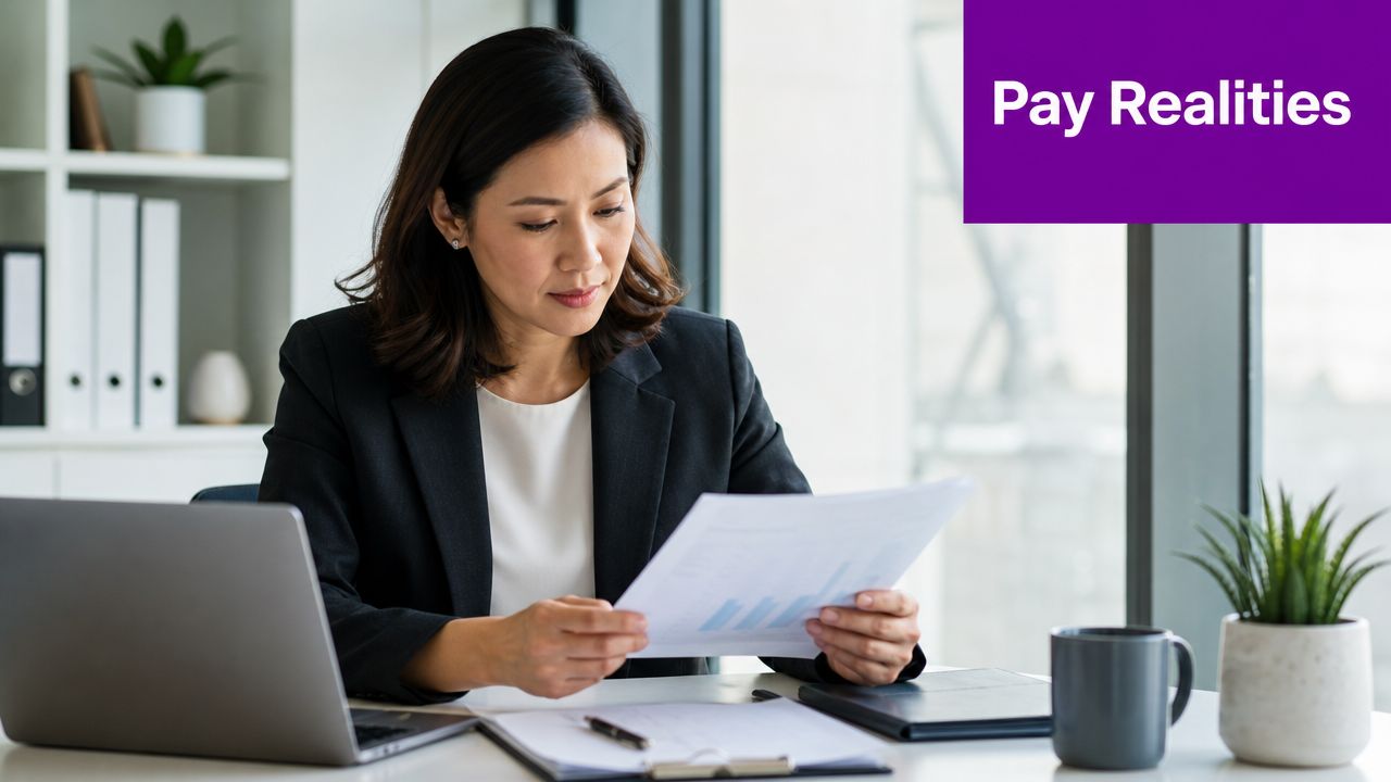 A professional woman in a suit reviewing financial documents while working at her office desk.