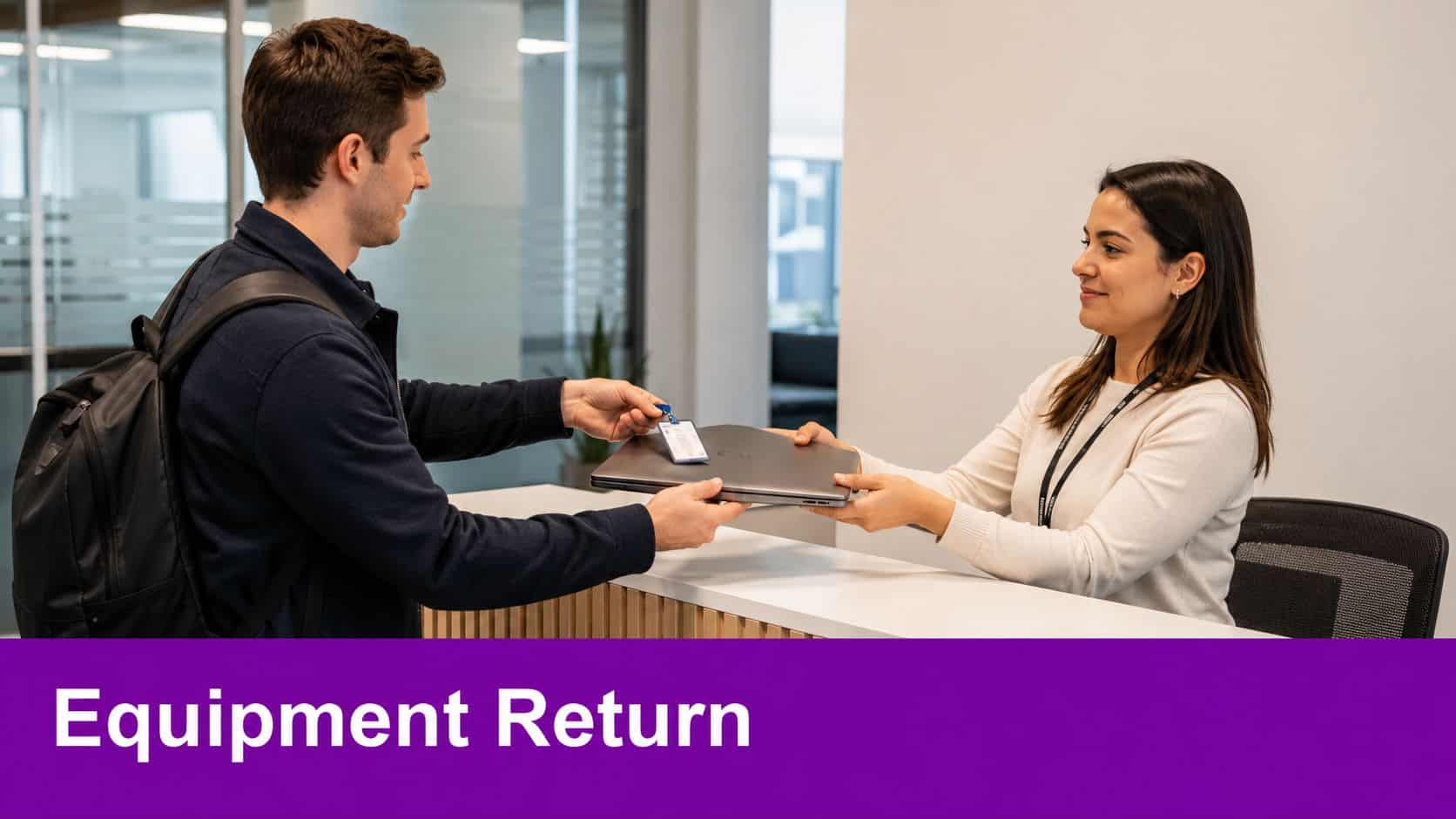 A man returns a laptop and ID badge to a woman at an office reception desk.