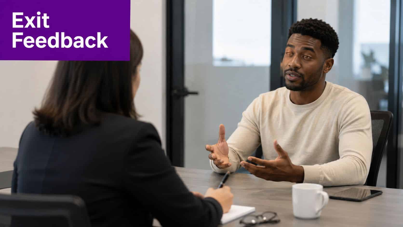 A professional man participates in an exit feedback meeting with a human resources representative in an office.