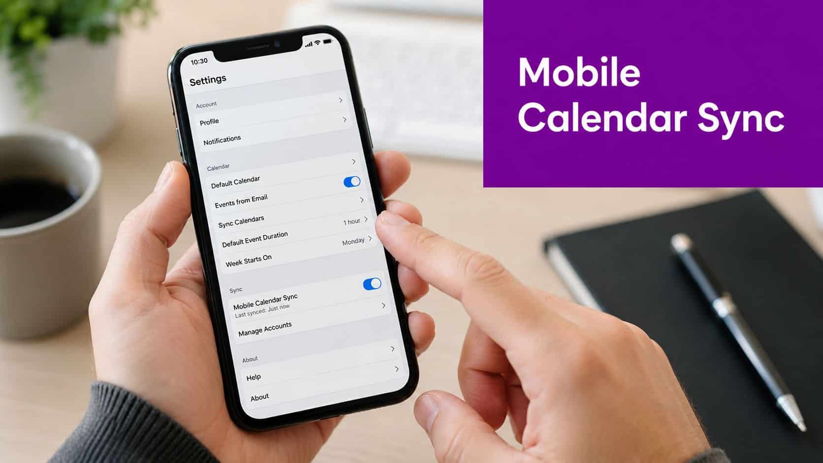 A person using a smartphone to configure mobile calendar synchronization settings in an application menu.