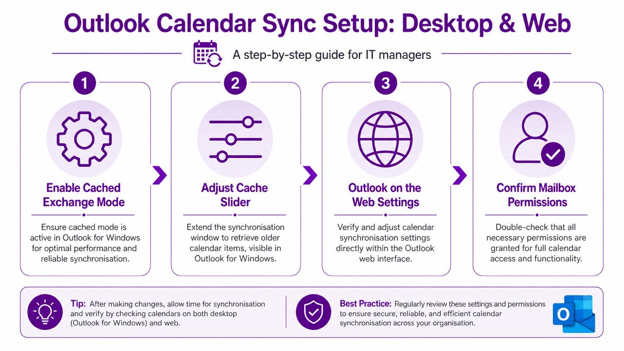A step-by-step infographic guide for IT managers on configuring Outlook calendar synchronization for desktop and web.