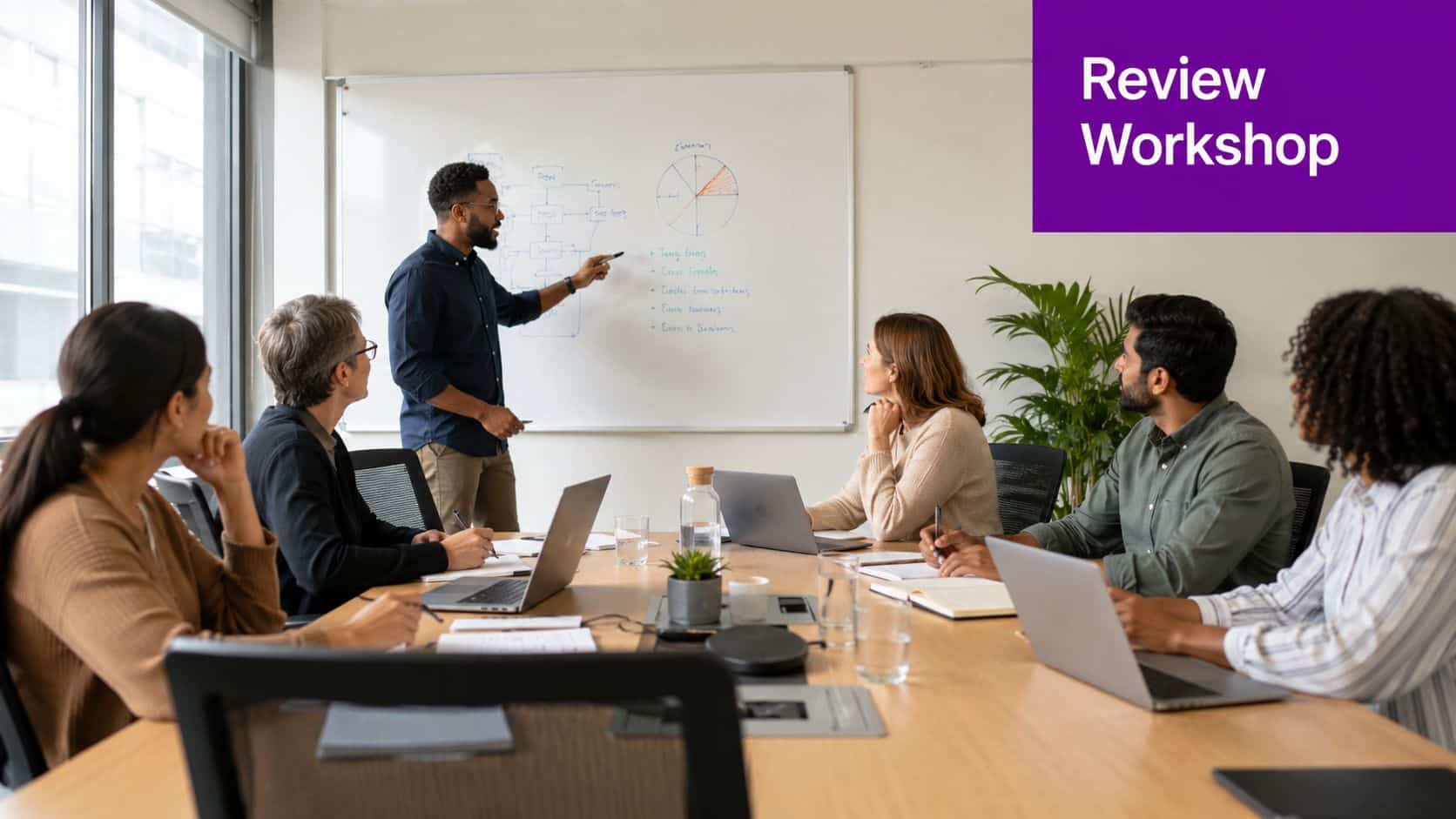A diverse group of professionals collaborating during a business presentation in a modern office conference room.