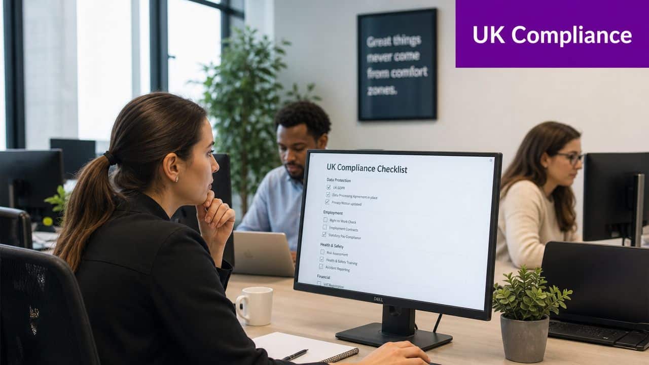 A professional team working on a UK compliance checklist in a modern office environment.