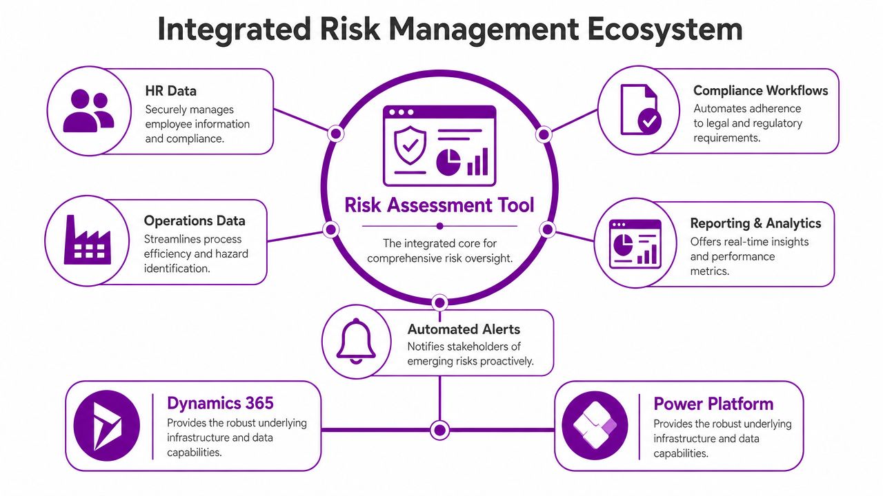 A diagram illustrating an integrated risk management ecosystem with centralized assessment tools and various connected data modules.