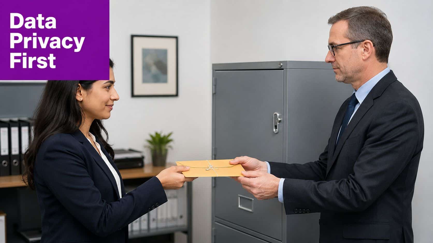 A professional woman hands a man in a suit a sealed brown envelope in an office.