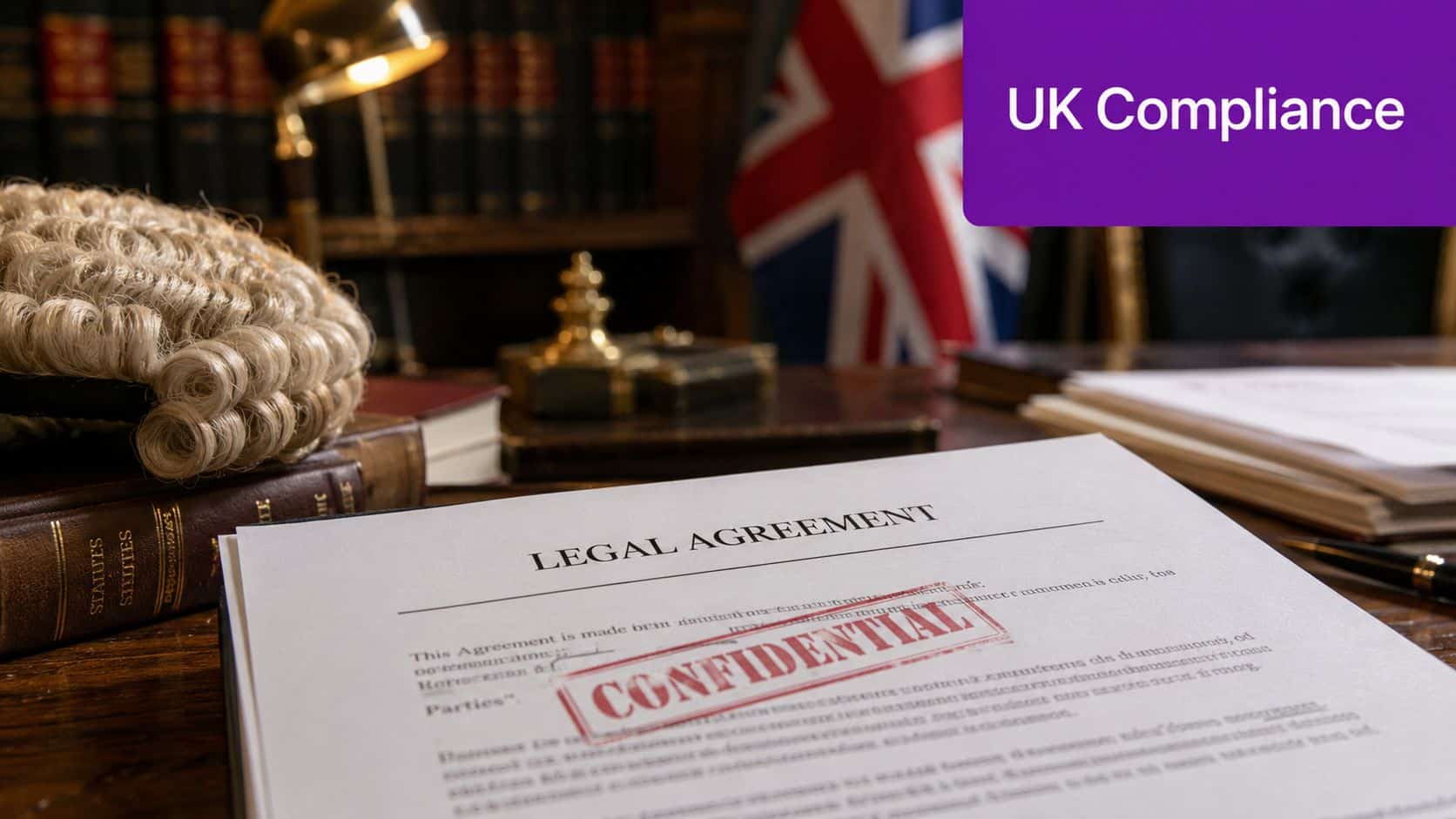 A legal agreement document marked as confidential resting on a desk with a British flag and law books.