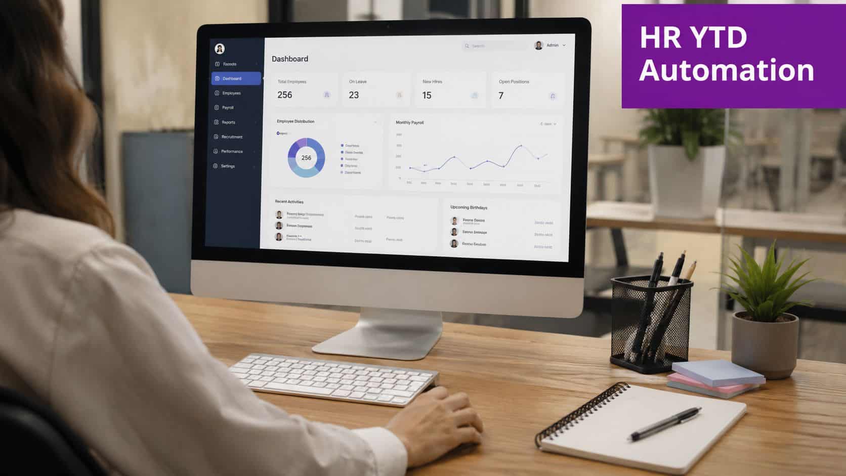 A woman working on a computer displaying an HR management dashboard with analytics and employee data.