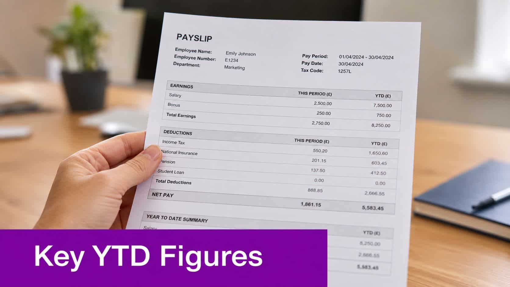 A person holds an Emily Johnson payslip showing details of salary, deductions, and year to date figures.