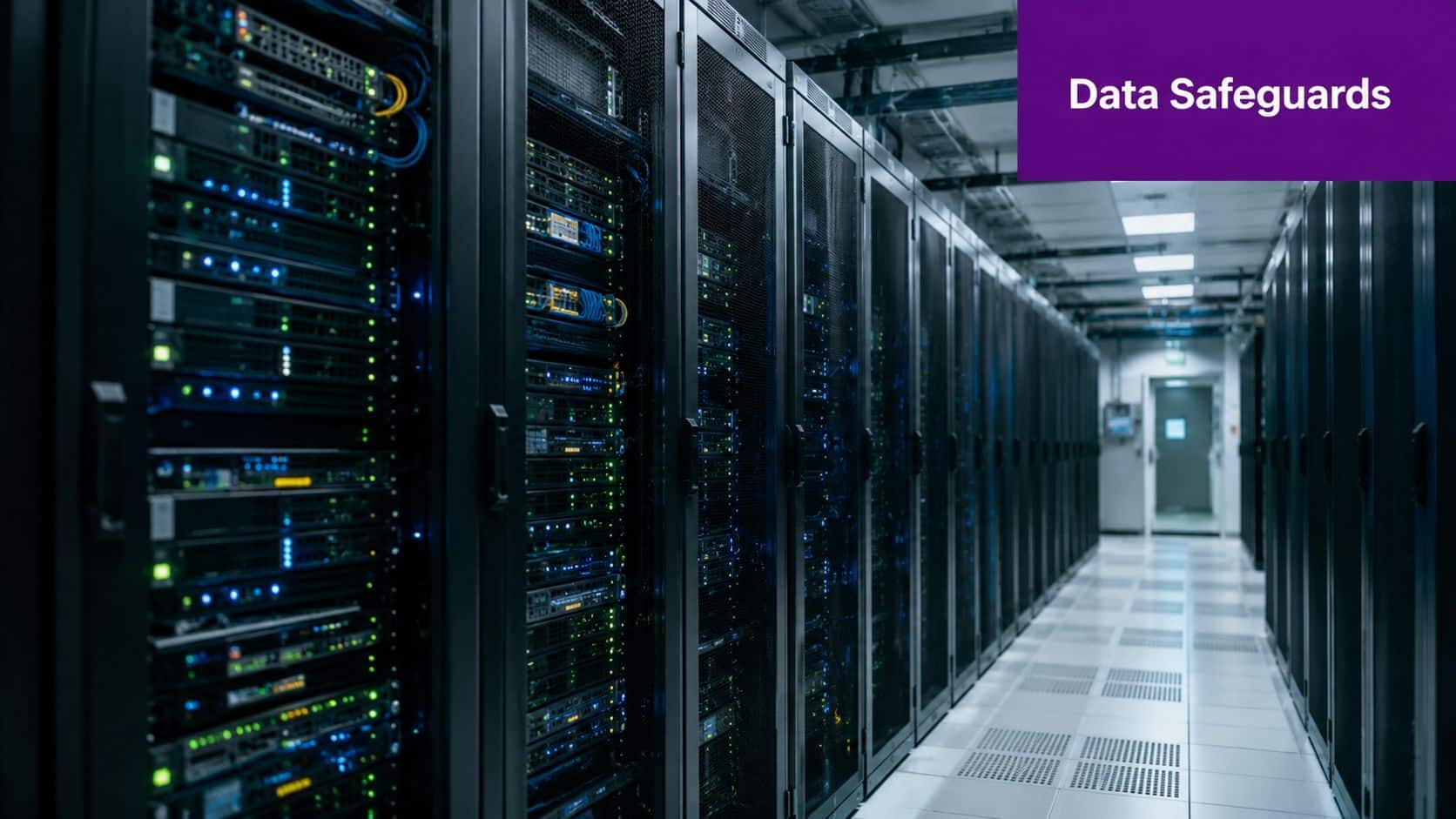A modern data center server room with rows of networked computer servers illuminated by green indicator lights.