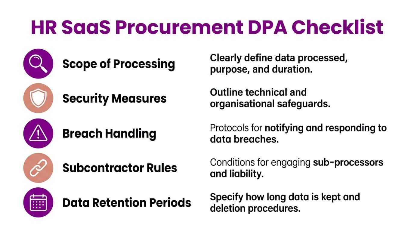 A checklist for HR SaaS procurement DPA outlining key compliance points including processing, security, and data retention.