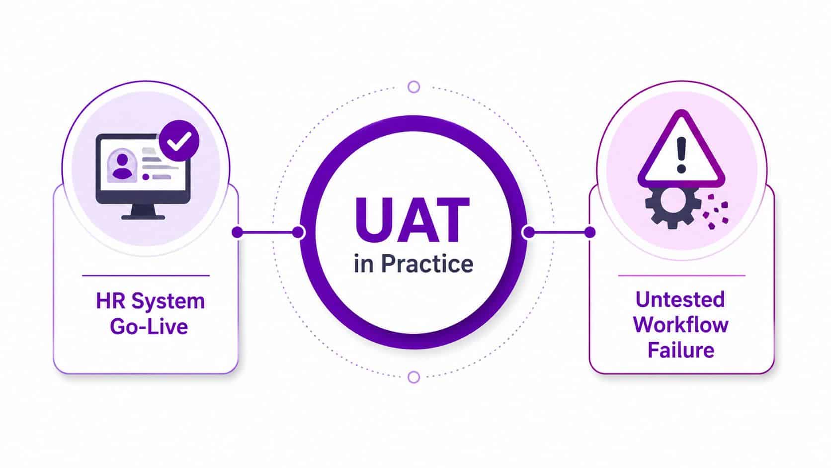 A diagram comparing a successful HR System Go-Live with an Untested Workflow Failure during user acceptance testing.