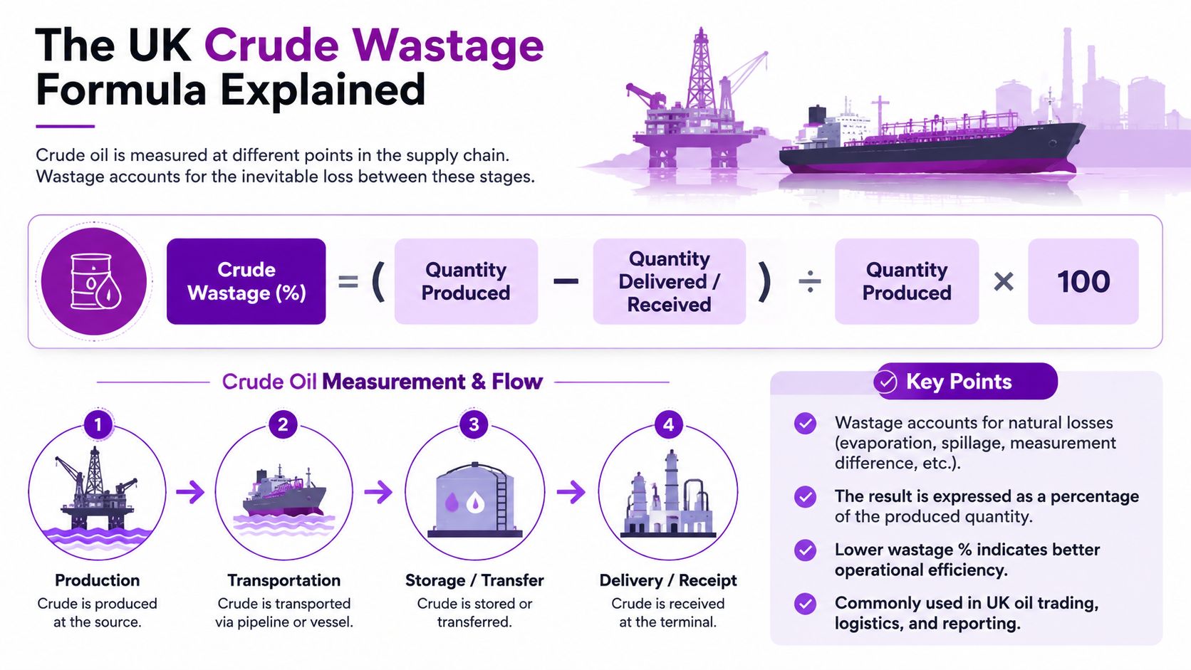 A formula infographic explaining the calculation of crude oil wastage in the UK supply chain process.