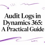Banner title: 'Audit Logs in Dynamics 365: A Practical Guide' with purple scribble accents around the edges.